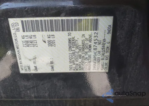 2010 Nissan Maxima 3.5 S z USA, uszkodzony, nr VIN 1N4AA5AP6AC874532